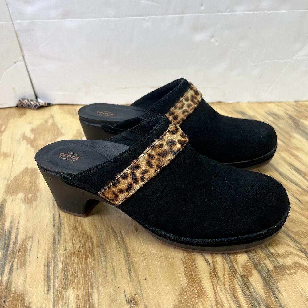 Crocs Sarah Suede Clogs Women Size 9 Black Leopard Print Slip On Mule Shoes
